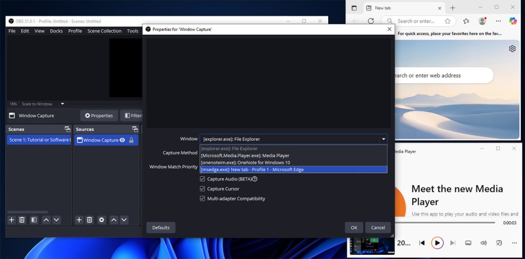 how to make obs record a specific window