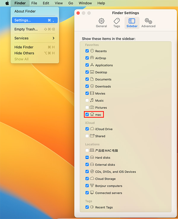 tick mac in finder settings